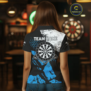 Retro Black Blue Grunge Pattern Darts Polo, Quarter Zip Custom Women Dart Shirt Team Dart Jersey TDM4040