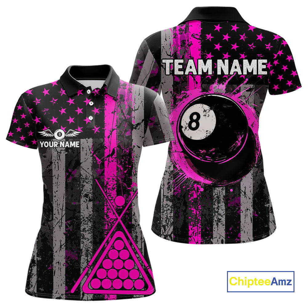 Custom Pink Grunge US Flag Patriotic Billiard Shirts For Women, Retro 8 Ball Pool Billiard Jersey TDM4045