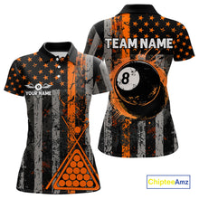 Load image into Gallery viewer, Custom Orange Grunge US Flag Patriotic Billiard Shirts For Women, Retro 8 Ball Pool Billiard Jersey TDM4046