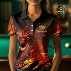 Personalized Orange Flame Dragon 8 Ball Billiard Shirt For Women, Pool Team Jersey Polo & 1/4 Zip TDM4399