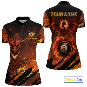 Personalized Orange Flame Dragon 8 Ball Billiard Shirt For Women, Pool Team Jersey Polo & 1/4 Zip TDM4399