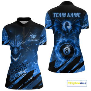 Personalized Blue Fire Flame Dragon 8 Ball Billiard Shirt For Women, Pool Team Jersey Polo & 1/4 Zip TDM4400