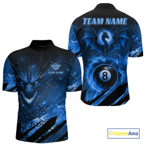 Personalized Blue Fire Flame Dragon 8 Ball Billiard Shirt For Men, Pool Team Jersey Polo & 1/4 Zip TDM4400