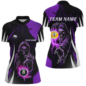 Funny Purple Death Skeleton 8 Ball & 9 Ball Billiard Shirts For Women Custom League Billiard Jerseys TDM2285