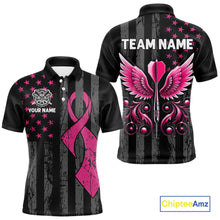 Load image into Gallery viewer, Custom Pink Ribbon Wings Darts Shirt For Men, US Flag Breast Cancer Darts Jersey Polo &amp; 1/4 Zip TDM6377