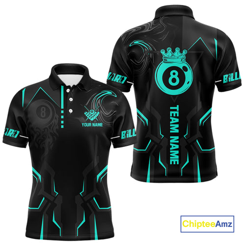 Custom 8 Ball Pool Crown Men Billiard Shirts, Turquoise And Black Billiard Team Shirt, Pool Jersey TDM4052