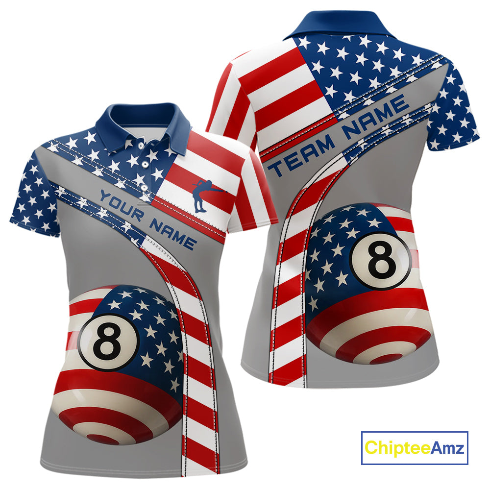 Custom Women's 8 Ball Billiard Shirts, American Flag Polo & 1/4 Zip Patriotic Pool Team Jerseys TDM4055