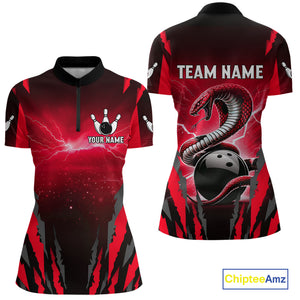 Personalized Thunder Lightning Cobra Snake Bowling Shirts For Women, Red Bowling Team Jersey TDM4644