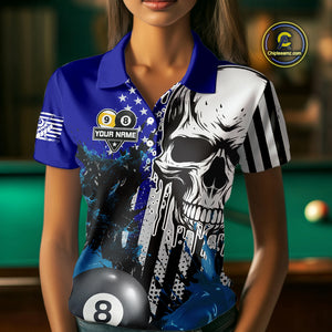 Personalized 8 & 9 Ball Pool Skull Billiard Shirt For Women Custom Grunge Billiard Team Jersey |Blue TDM4648