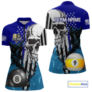 Personalized 8 & 9 Ball Pool Skull Billiard Shirt For Women Custom Grunge Billiard Team Jersey |Blue TDM4648