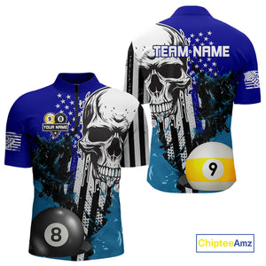 Personalized 8 & 9 Ball Pool Skull Billiard Shirt For Men Custom Grunge Billiard Team Jersey |Blue TDM4648