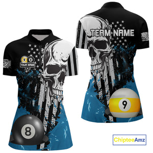 Personalized 8 & 9 Ball Pool Skull Billiard Shirt For Women Custom Grunge Billiard Team Jersey |Blue TDM4649