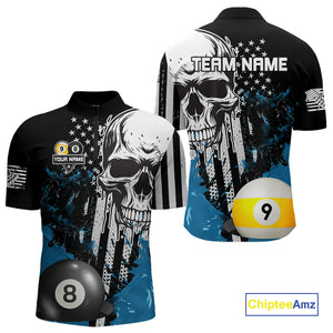 Personalized 8 & 9 Ball Pool Skull Billiard Shirt For Men Custom Grunge Billiard Team Jersey |Blue TDM4649