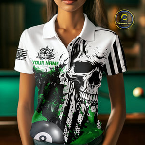 Personalized Green Grunge Skull Billiards Shirts For Women Custom Retro Billiard Team Jerseys Attire TDM4650