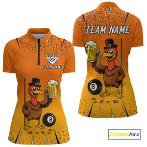Orange Funny Turkey 8 Ball Pool Billiard Shirt For Women Custom Thanksgiving Billiard Jersey TDM4836