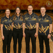 Load image into Gallery viewer, Black And Gold Custom Crown Bowling Ball Polo &amp; Quarter Zip For Women, Bowling League Team Jersey TDM6569