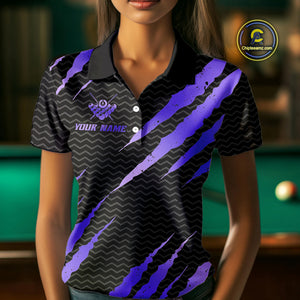 Black And Purple Scratch Billiard Shirt For Women Custom 8 Ball Crown Pool Team Jersey Polo, 1/4 Zip TDM4240