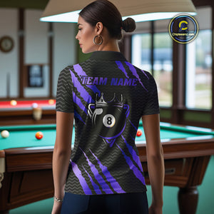 Black And Purple Scratch Billiard Shirt For Women Custom 8 Ball Crown Pool Team Jersey Polo, 1/4 Zip TDM4240