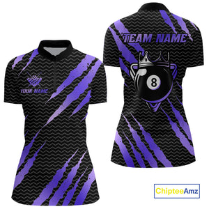 Black And Purple Scratch Billiard Shirt For Women Custom 8 Ball Crown Pool Team Jersey Polo, 1/4 Zip TDM4240