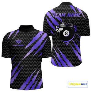 Black And Purple Scratch Billiard Shirt For Men Custom 8 Ball Crown Pool Team Jersey Polo, 1/4 Zip TDM4240