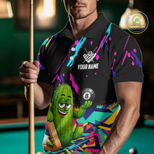Load image into Gallery viewer, Man wearing a colorful cactus 8 ball billiard jersey beside a pool table front view.