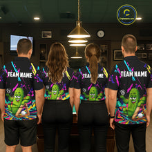 Load image into Gallery viewer, Back view of pool players wearing matching colorful cactus billiard shirts in a game room.