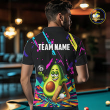 Load image into Gallery viewer, Back view of man wearing a colorful avocado 8 ball pool shirt in a billiards hall.