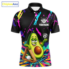 Load image into Gallery viewer, Colorful avocado 8 ball billiard polo shirt for men with custom pool team graphics.