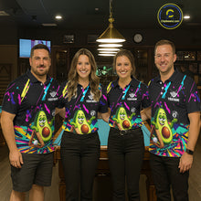 Load image into Gallery viewer, Pool team wearing matching colorful avocado 8 ball billiard jerseys during tournament competition front view.