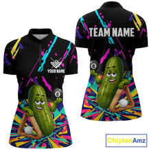 Load image into Gallery viewer, Colorful pickle 8 ball billiard quarter zip shirt for women designed for league tournaments and team events.