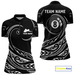 Black White 8 Ball Pool Tribal Billiard Shirt For Women Custom Billiard Team Jersey Polo & 1/4 Zip TDM4411