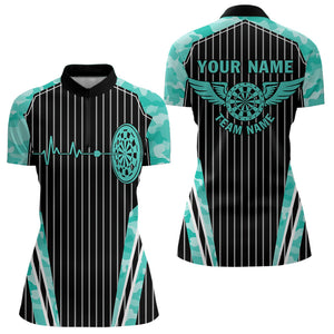 Turquoise Camo Dartboard Pulse Heartbeat Custom Women Dart Shirts, Funny Wings Cool Dart Team Jerseys TDM3618