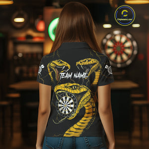 Personalized Black Yellow Cobra Snake Darts Shirt For Women, Darts Team Jerseys Polo & 1/4 Zip TDM4249