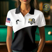 Load image into Gallery viewer, Woman wearing a personalized 8 ball and 9 ball custom billiard jersey front view, pool tournament team shirt.