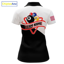 Load image into Gallery viewer, 8 ball and 9 ball pool team polo shirt with personalized billiard tournament graphics and custom team branding.