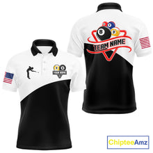 Load image into Gallery viewer, Personalized 8 ball and 9 ball billiard tournament polo shirt for men, custom pool team jersey for competitions.