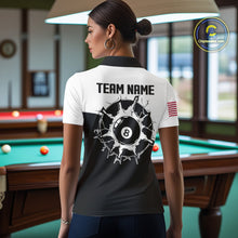 Load image into Gallery viewer, Back view of woman wearing a black and white 8 ball billiard team jersey, custom pool tournament shirt.