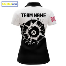 Load image into Gallery viewer, Black and white 8 ball pool team polo shirt with custom billiard graphics, personalized billiard team jersey.
