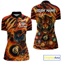 Load image into Gallery viewer, Orange flaming tiger 8 ball quarter zip billiard shirt for women, custom pool team jersey and tournament apparel.