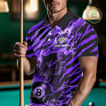 Load image into Gallery viewer, Man wearing a purple flaming tiger 8 ball custom billiard jersey front view, personalized pool team shirt.
