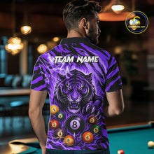 Load image into Gallery viewer, Back view of man wearing a purple flaming tiger 8 ball billiard team jersey, custom pool tournament shirt.