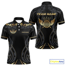 Load image into Gallery viewer, Black And Gold Dartboard Crown Wings Custom Darts Shirt For Men, Darts Team Jerseys Polo &amp; 1/4 Zip TDM4420