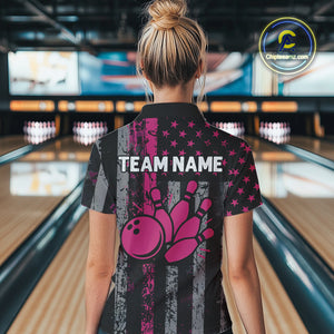 Custom Pink Ribbon Grunge US Flag Patriotic Bowling Shirt For Women, Breast Cancer Bowling Jerseys TDM4853