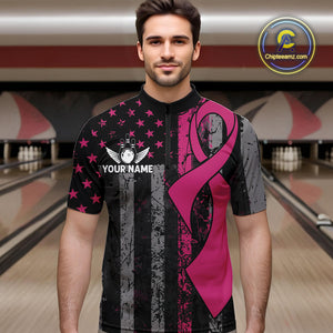 Custom Pink Ribbon Grunge US Flag Patriotic Bowling Shirt For Men, Breast Cancer Bowling Jerseys TDM4853