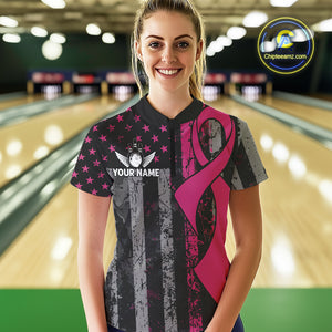 Custom Pink Ribbon Grunge US Flag Patriotic Bowling Shirt For Women, Breast Cancer Bowling Jerseys TDM4853