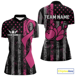Custom Pink Ribbon Grunge US Flag Patriotic Bowling Shirt For Women, Breast Cancer Bowling Jerseys TDM4853