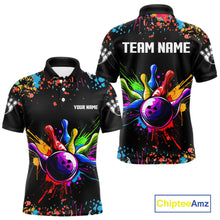 Load image into Gallery viewer, Colorful bowling shirt with splashes and a bowling ball design, customizable text on a blackground.