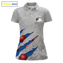 Load image into Gallery viewer, Blue grunge scratch bowling team polo shirt for women with custom league and tournament graphics.