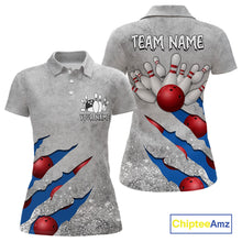 Load image into Gallery viewer, Blue grunge scratch custom bowling polo shirt for women, personalized bowling team jersey for league tournaments.