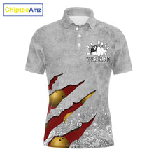 Load image into Gallery viewer, Red grunge scratch bowling team polo shirt for men with custom league and tournament graphics.